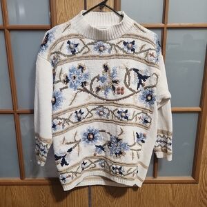 Jennifer & Company Vintage Hand Knitted Cream, Blue, Tan, Green, Brown Sweater